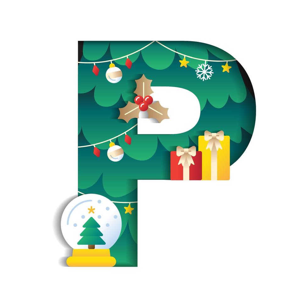 Letter P Alphabet Font Cute Merry Christmas Concept Mistletoe Gift Box Snowglobe Christmas Tree Character Font Christmas Element Cartoon Green 3D Paper Layer Cutout Card Vector Illustration