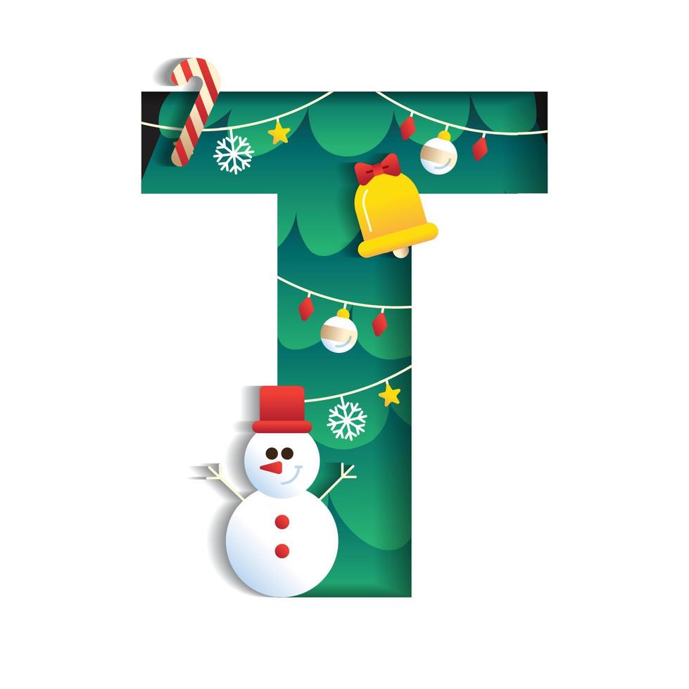 Letter T Alphabet Font Cute Merry Christmas Concept Bell Candy Cane Snowman Christmas Tree Character Font Christmas Element Cartoon Green 3D Paper Layer Cutout Card Vector Illustration