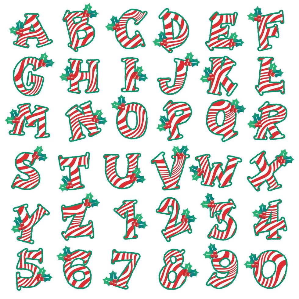 Cute Merry Christmas Holiday Party Candy Cane Holly Lollipop Alphabet Number Numeral font Letter design hand draw cartoon Christmas Celebration Christmas Swirl Texture vector illustration Decoration