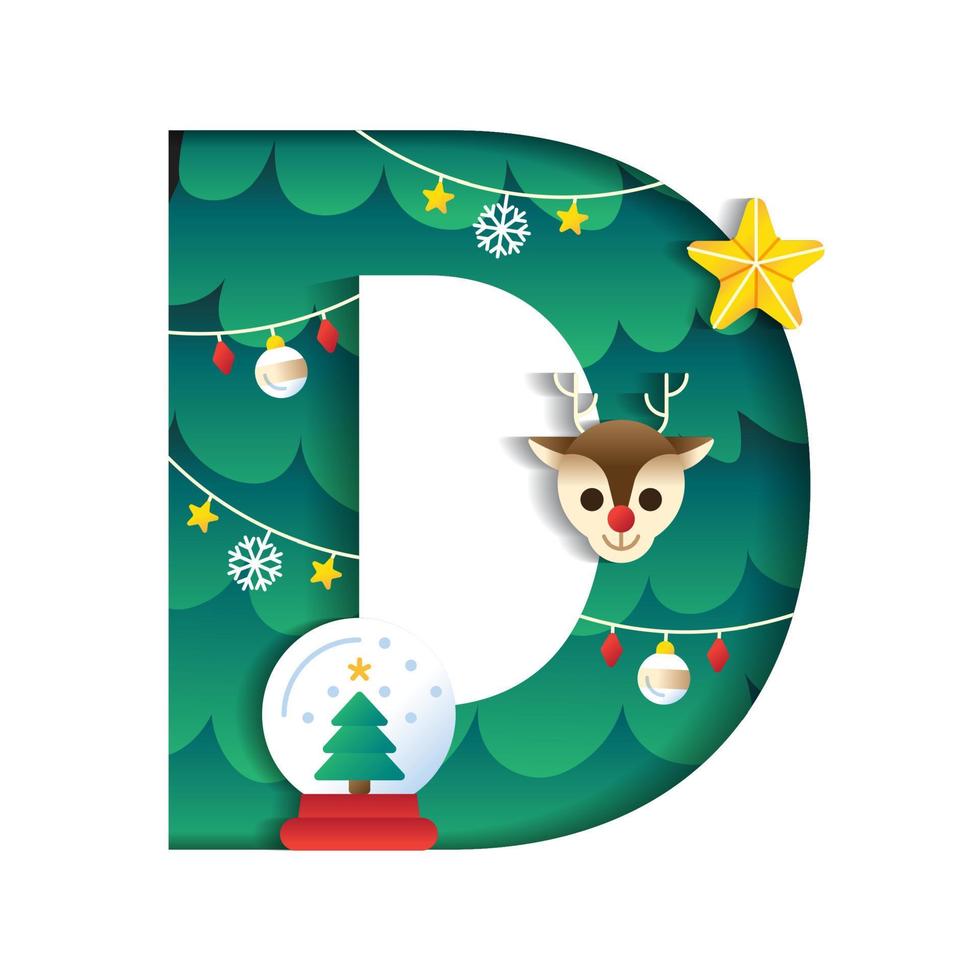 Letter D Alphabet Font Cute Merry Christmas Concept Reindeer Star Snowglobe Christmas Tree Character Font Christmas Element Cartoon Green 3D Paper Layer Cutout Card Vector Illustration