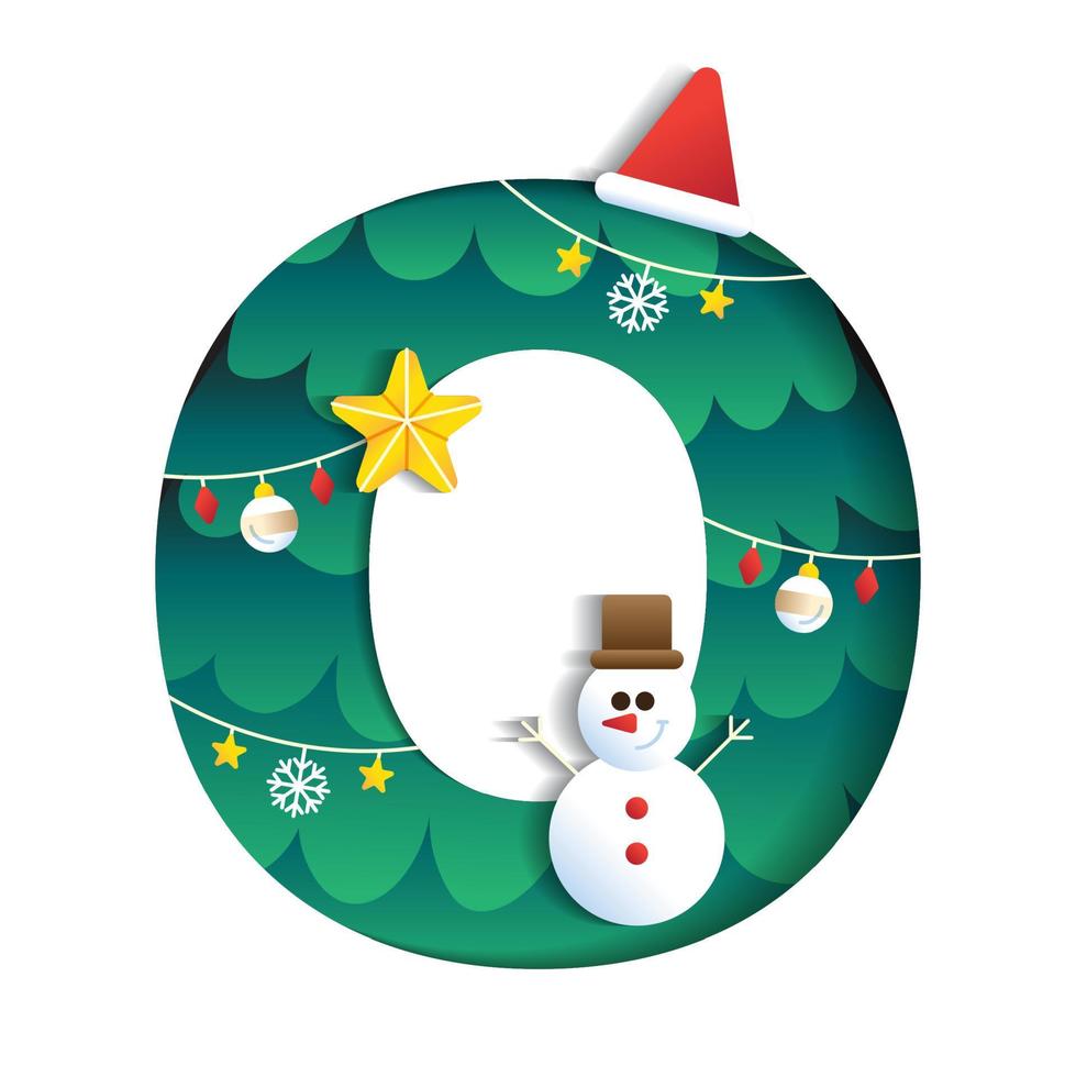 letra o alfabeto fuente lindo feliz navidad concepto muñeco de nieve sombrero de navidad estrella árbol de navidad fuente de caracteres elemento de navidad dibujos animados verde 3d papel capa recorte tarjeta vector ilustración