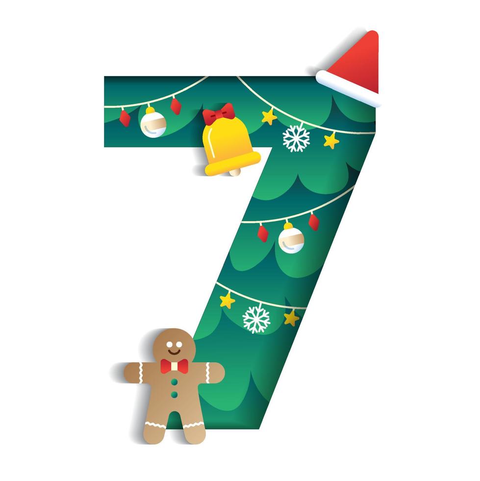 7 Numeric Number Alphabet Cute Merry Christmas Concept Gingerbread Cookies Bell Christmas Hat Character Font Letter Christmas Tree Element Cartoon Green 3D Paper Layer Cutout Card Vector Illustration