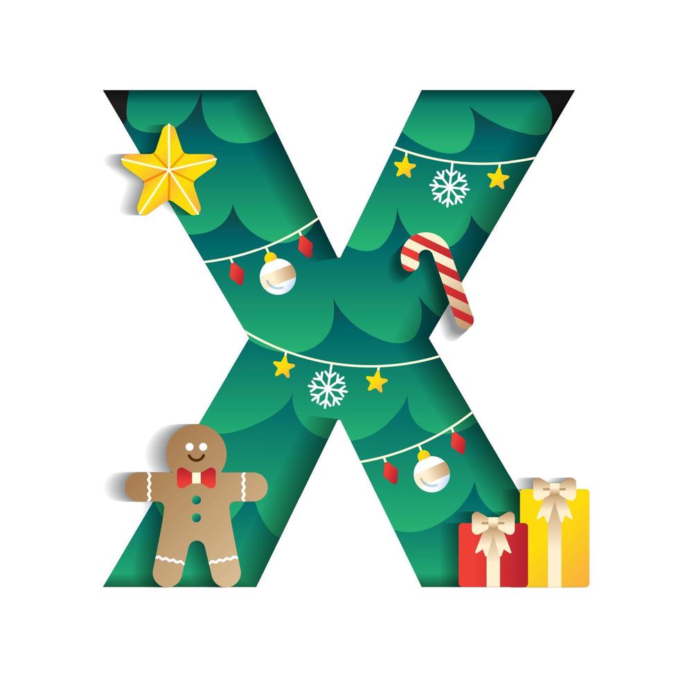 Letter X Alphabet Font Cute Merry Christmas Concept Star Gingerbread Man Candy Cane Gift Christmas Tree Character Font Christmas Element Cartoon Green 3D Paper Layer Cutout Card Vector Illustration