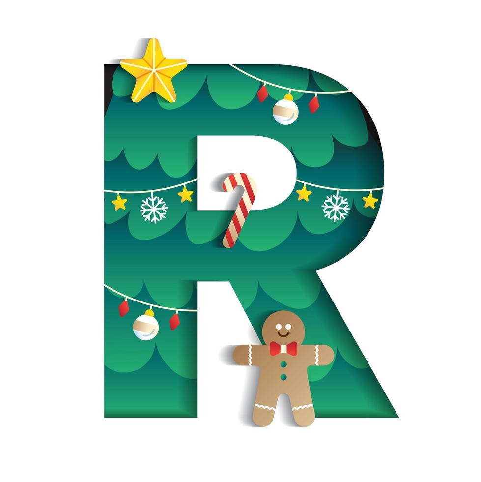 letra r alfabeto fuente cuco feliz navidad concepto estrella bastón de caramelo hombre de jengibre árbol de navidad carácter fuente elemento de navidad dibujos animados verde 3d papel capa recorte tarjeta vector ilustración