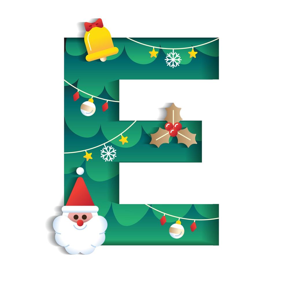 Letter E Alphabet Font Cute Merry Christmas Concept Bell Santa Claus Mistletoe Christmas Tree Character Font Christmas Element Cartoon Green 3D Paper Layer Cutout Card Vector Illustration