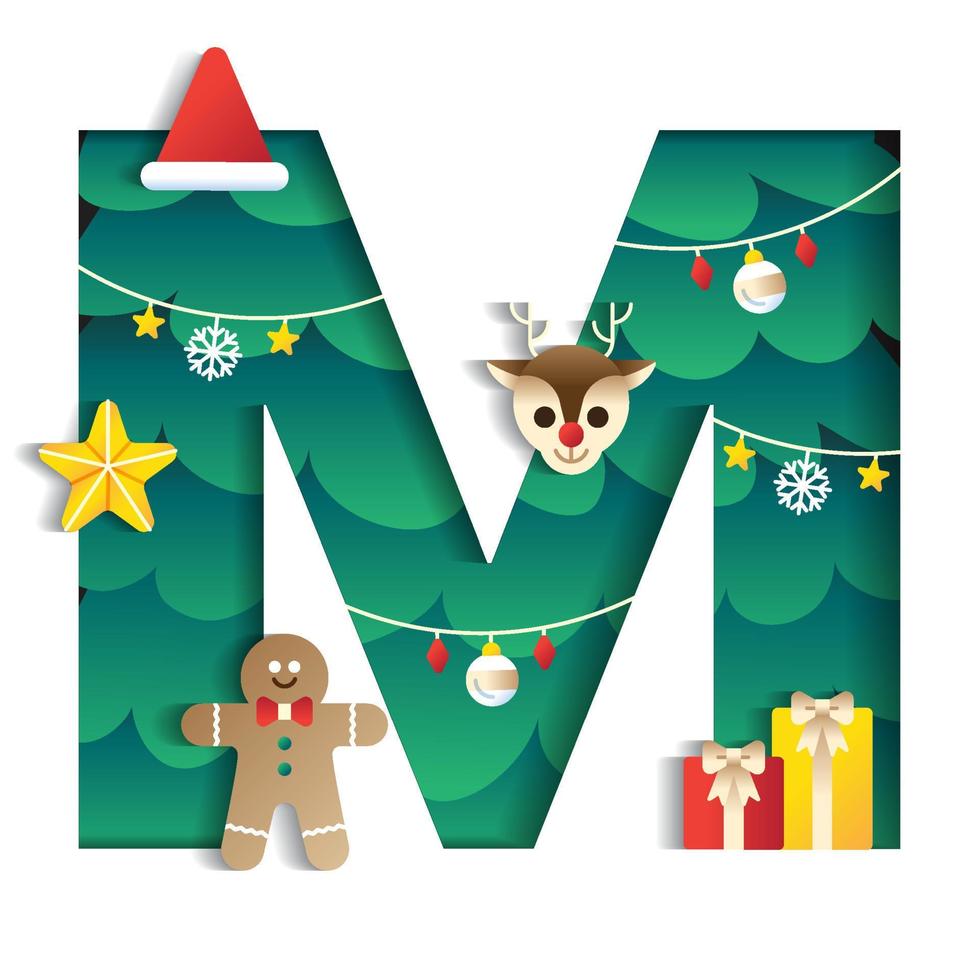 Letter M Alphabet Font Cute Merry Christmas Concept Reindeer Star Gift Gingerbread Man Christmas Tree Character Font Christmas Hat Element Cartoon Green 3D Paper Layer Cutout Card Vector Illustration