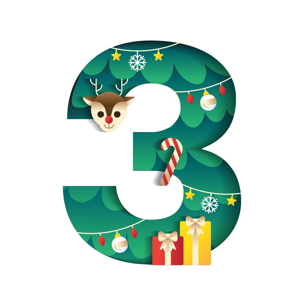 3 Numeric Number Alphabet Cute Merry Christmas Concept Reindeer Candy Cane Gift Box Christmas Tree Character Font Letter Christmas Element Cartoon Green 3D Paper Layer Cutout Card Vector Illustration