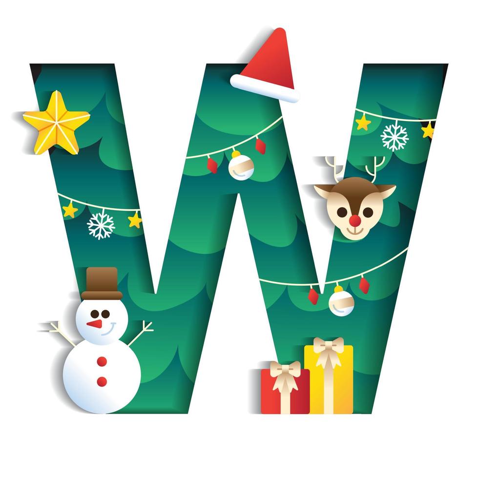 Letter W Alphabet Font Cute Merry Christmas Concept Reindeer Snowman Star Gift Box Christmas Tree Character Font Christmas Hat Element Cartoon Green 3D Paper Layer Cutout Card Vector Illustration