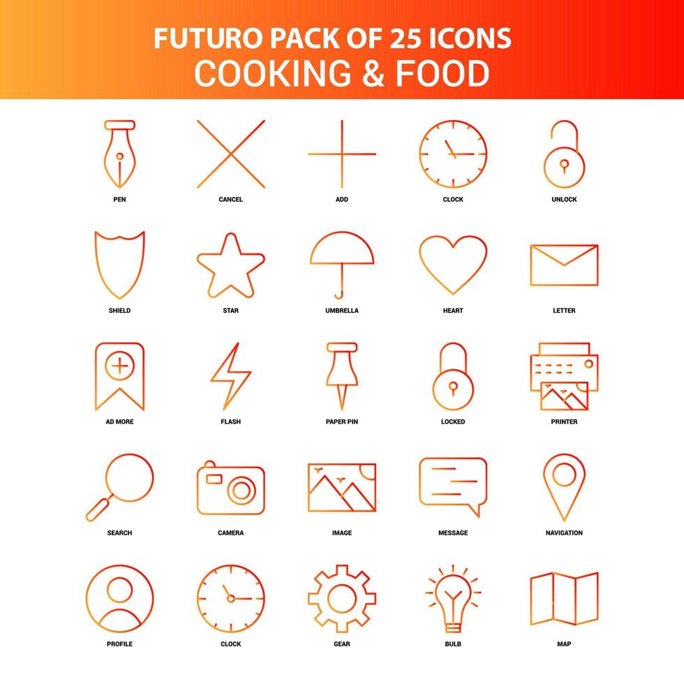 naranja futuro 25 conjunto de iconos de cocina y comida vector