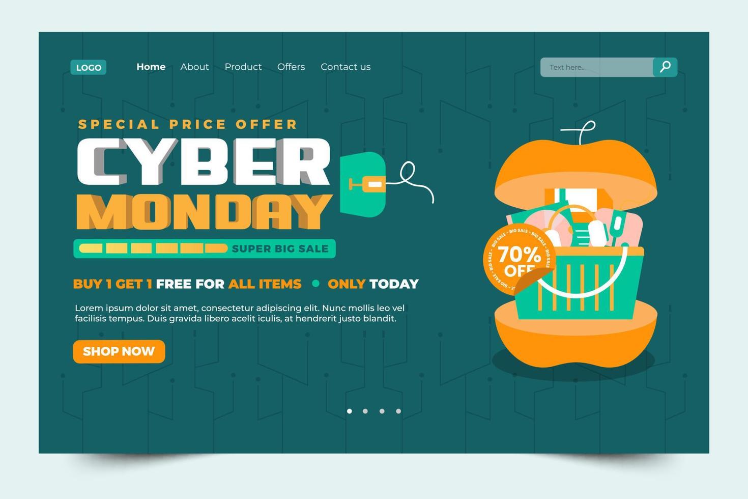 Cyber Monday landing page design template is easy to customize vector