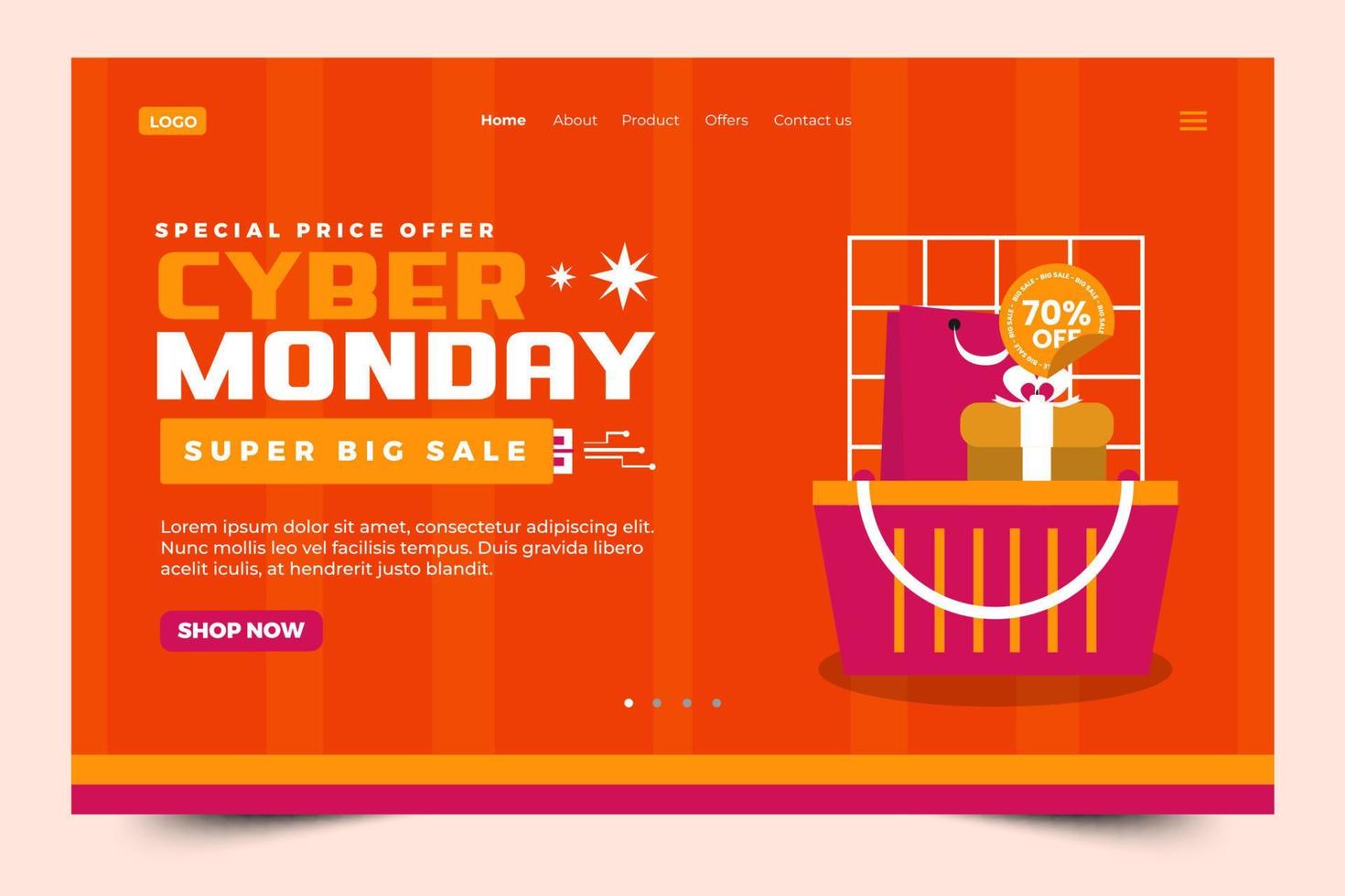 Cyber Monday landing page design template is easy to customize vector
