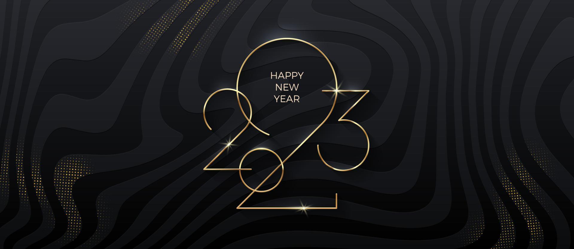 Golden 2023 New Year logo on black striped background with glitter gold. Holiday greeting card.  Holiday design for greeting card, invitation, calendar, etc. Vector illustration.