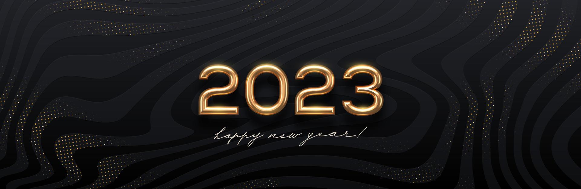 Logotipo dorado de año nuevo 2023 sobre fondo abstracto de ondas negras. diseño de saludo con un número realista de metal dorado del año. diseño para tarjeta de felicitación, invitación, calendario, etc. ilustración vectorial. vector