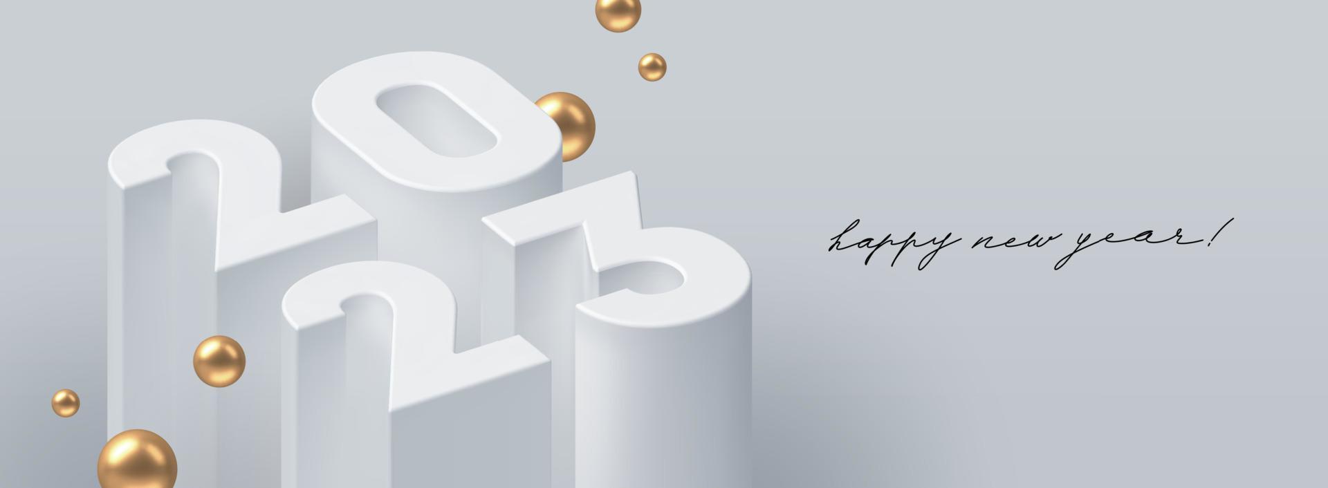 2023 new year greeting card with 3d realistic render number of the year with golden sphere. Vector illustration.