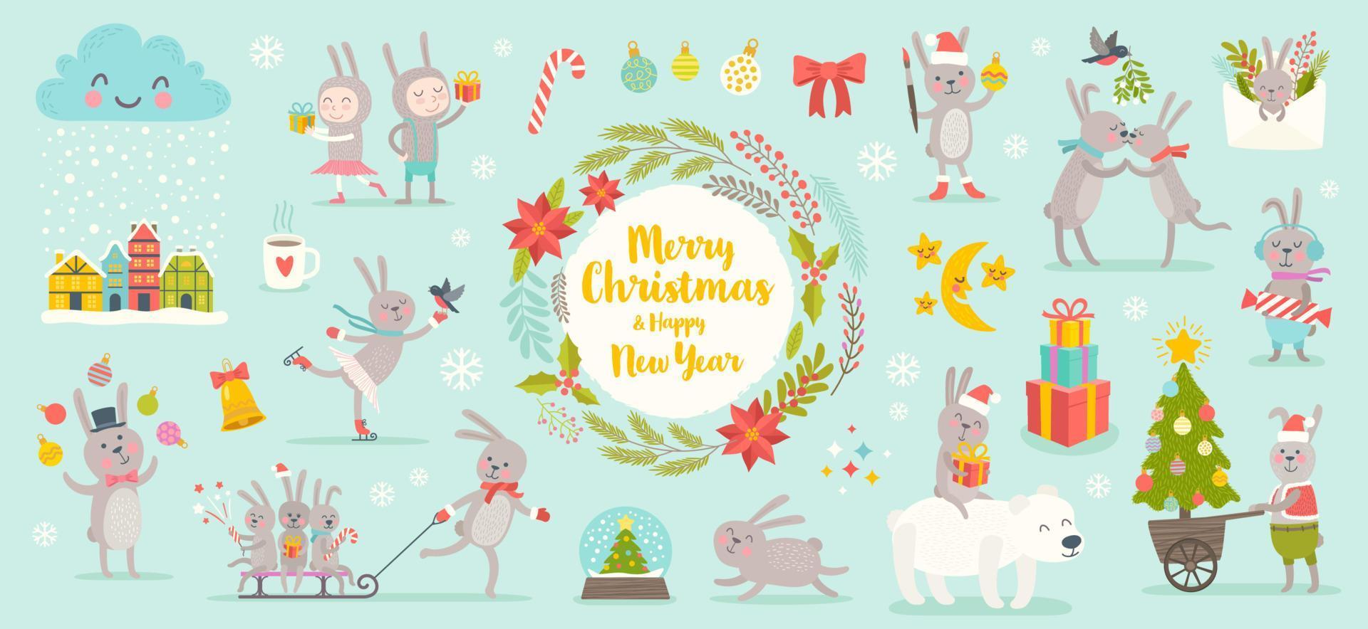 Year of the rabbit vector illustration. Set of cute rabbit cartoon characters. New year bunny and design elements for greeting card.