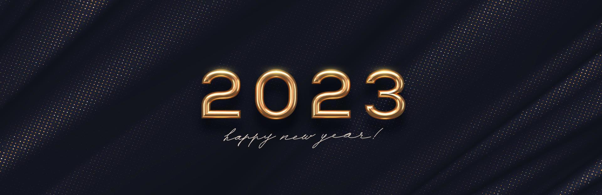 Logotipo dorado de año nuevo 2023 sobre fondo textil negro abstracto. diseño de saludo con un número realista de metal dorado del año. diseño para tarjetas de felicitación, invitación, calendario, etc. vector
