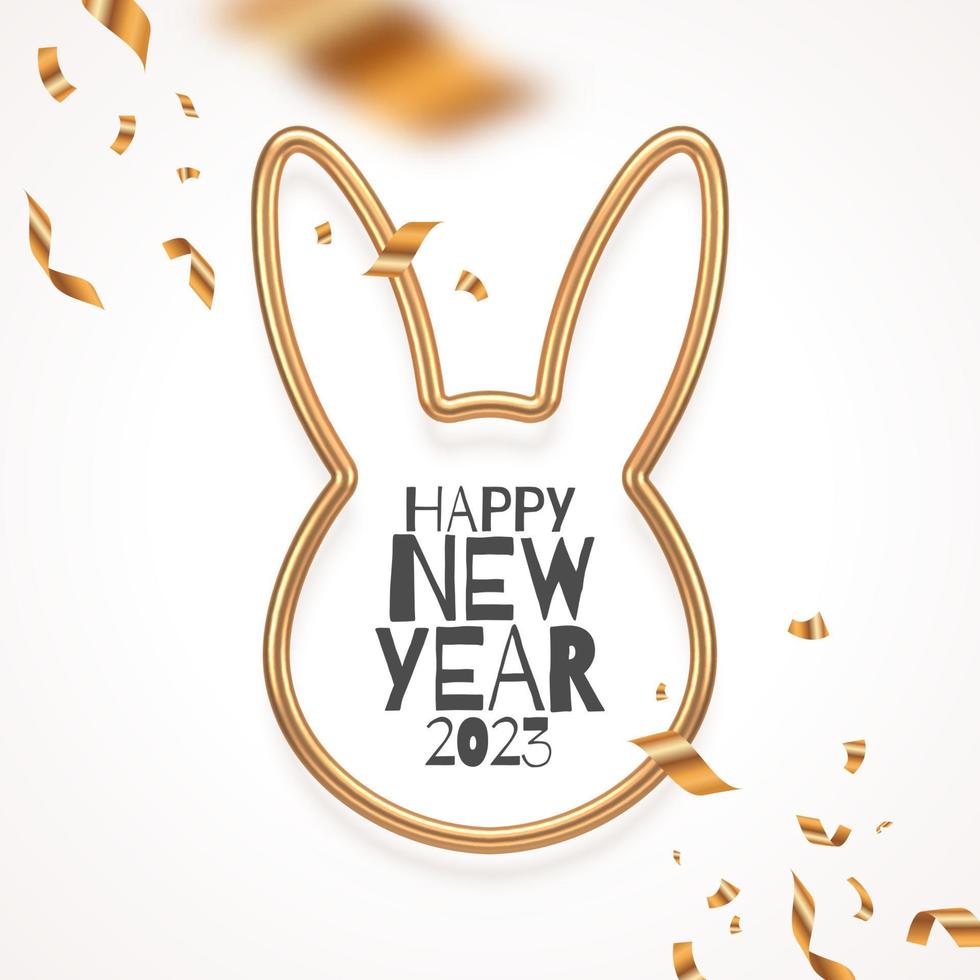 New year greeting card with golden rabbit outline and confetti. Year of the rabbit vector illustration.