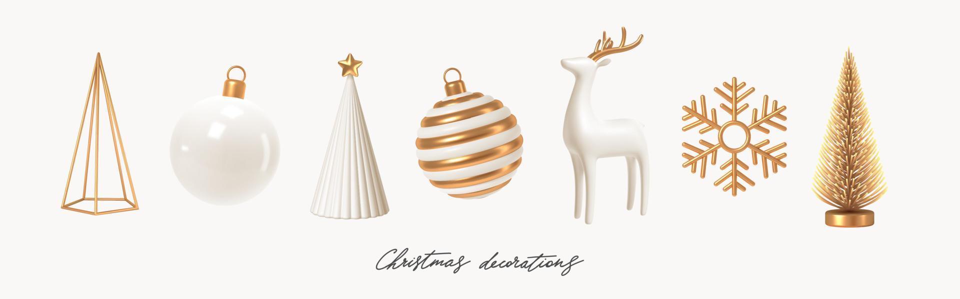 Set of white and gold realistic Christmas decorations. 3d render vector illustration. Design elements for greeting card or invitation.