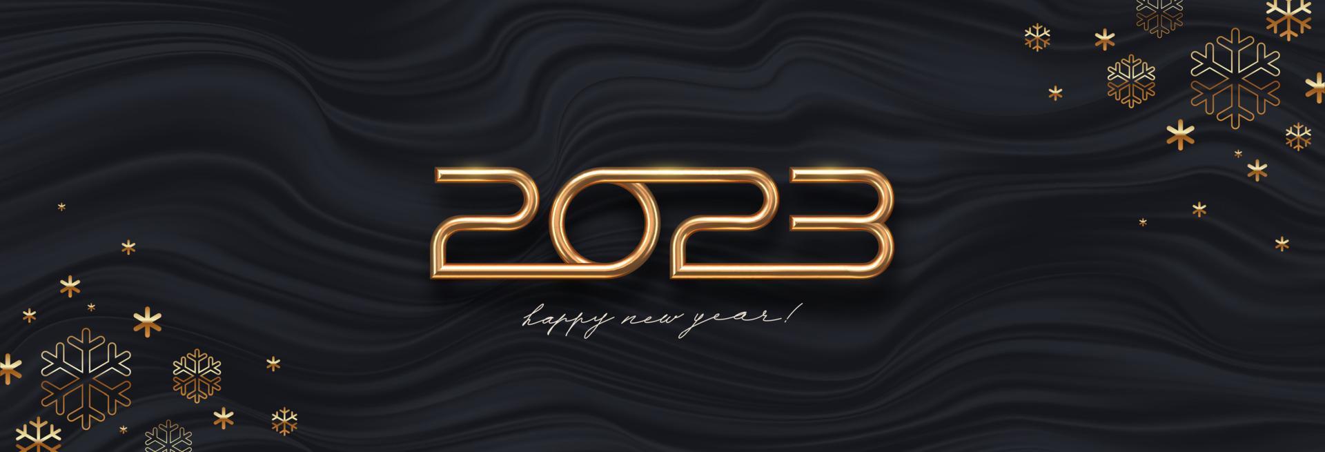 Tarjeta de felicitación de año nuevo 2023 con número dorado del año y copos de nieve sobre un fondo abstracto de ondas negras. diseño para invitación, calendario, tarjeta de felicitación, etc. vector