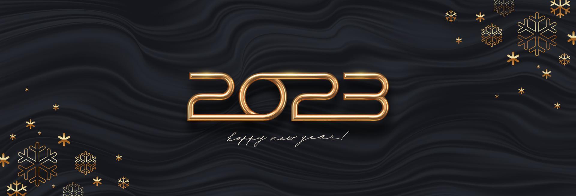 2023 new year greeting card with golden number of year and snowflakes on a black waves abstract background. Design for  invitation, calendar, greeting card, etc. vector