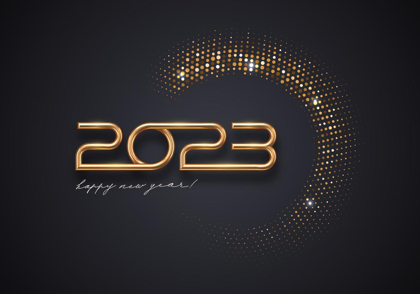 Logotipo de lujo de año nuevo 2023 con medio tono dorado brillante sobre fondo negro. ilustración vectorial vector