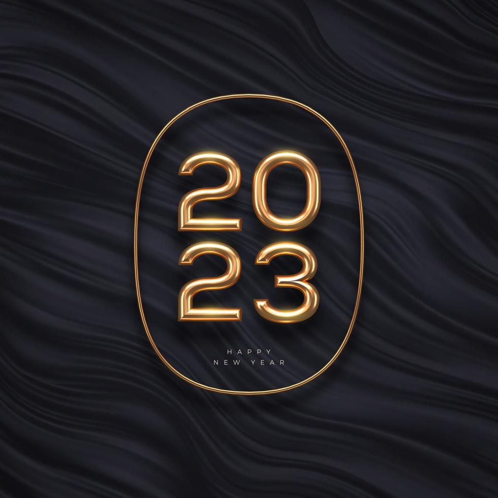 Logotipo dorado de año nuevo 2023 sobre fondo abstracto de ondas negras. diseño de saludo con un número realista de metal dorado del año. diseño para tarjetas de felicitación, invitación, calendario, etc. vector