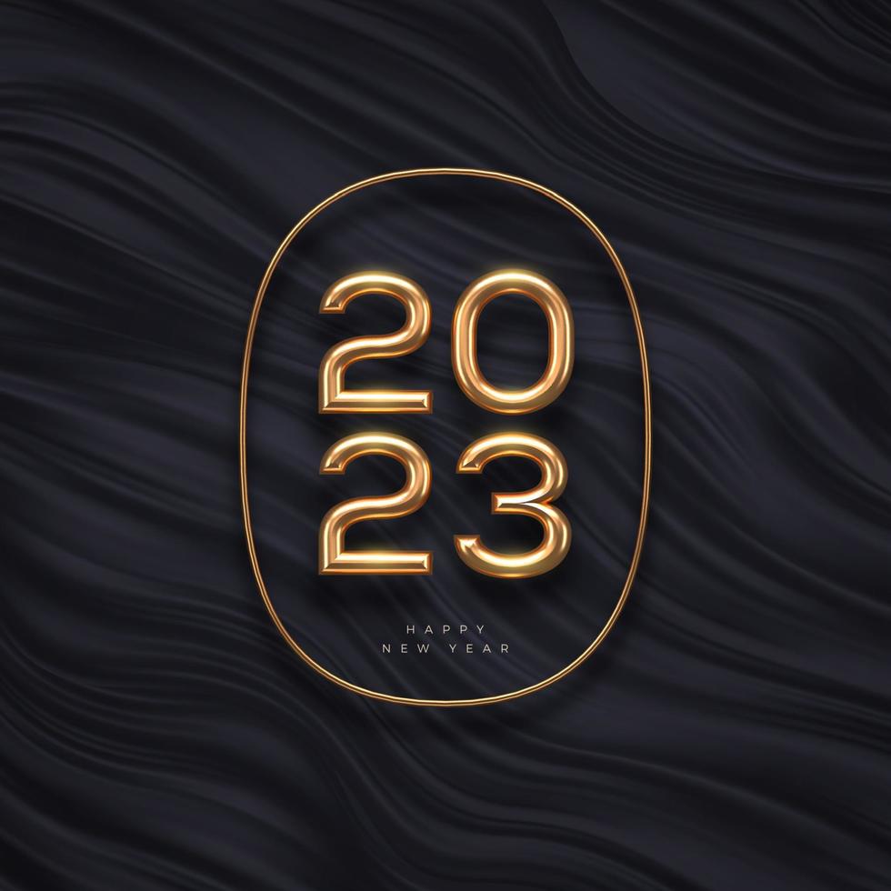 2023 new year golden logo on abstract black waves background. Greeting design with realistic gold metal number of year. Design for greeting card, invitation, calendar, etc. vector