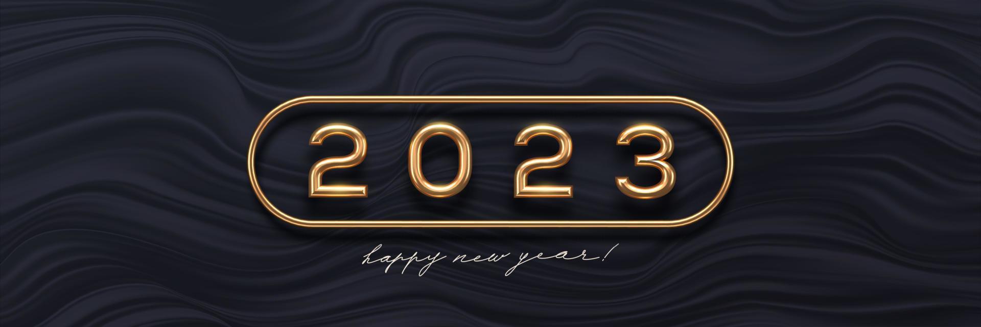 Logotipo dorado de año nuevo 2023 sobre fondo abstracto de ondas negras. diseño de saludo con un número realista de metal dorado del año. diseño para tarjetas de felicitación, invitación, calendario, etc. vector