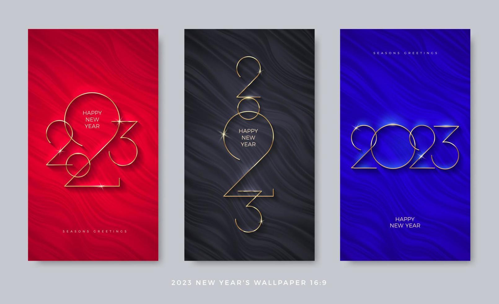 conjunto de fondo de onda abstracto con el logo dorado de año nuevo 2023. diseño de plantilla de lujo con número dorado del año. vector