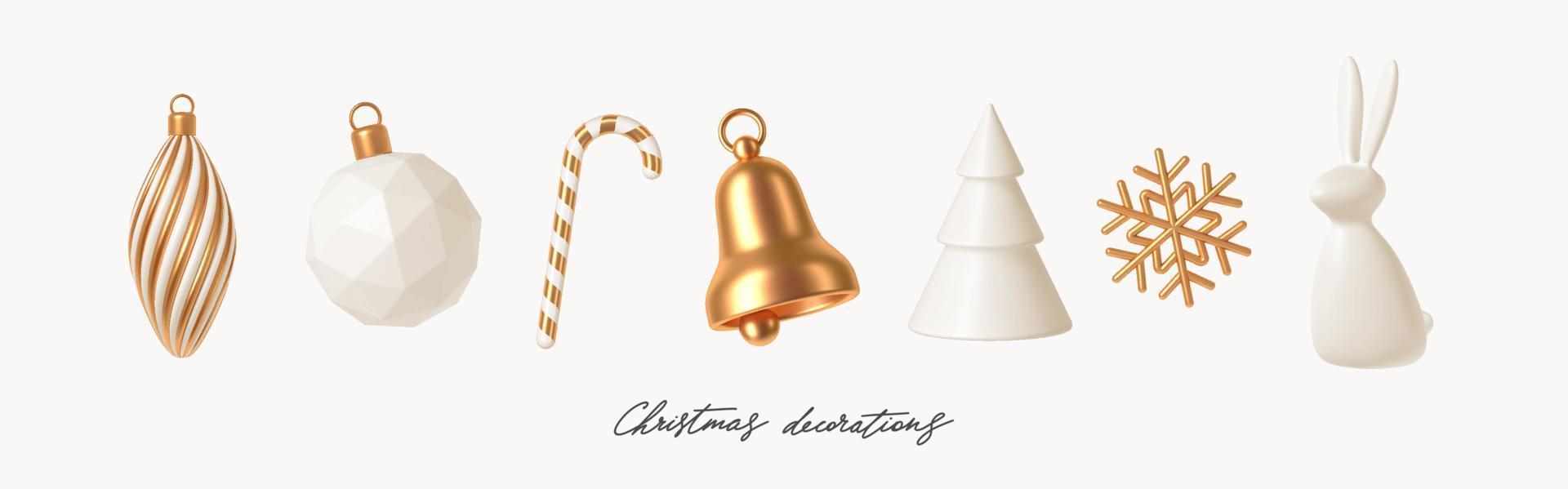 conjunto de decoraciones navideñas realistas blancas y doradas. ilustración vectorial de procesamiento 3d. elementos de diseño para tarjeta de felicitación o invitación. vector
