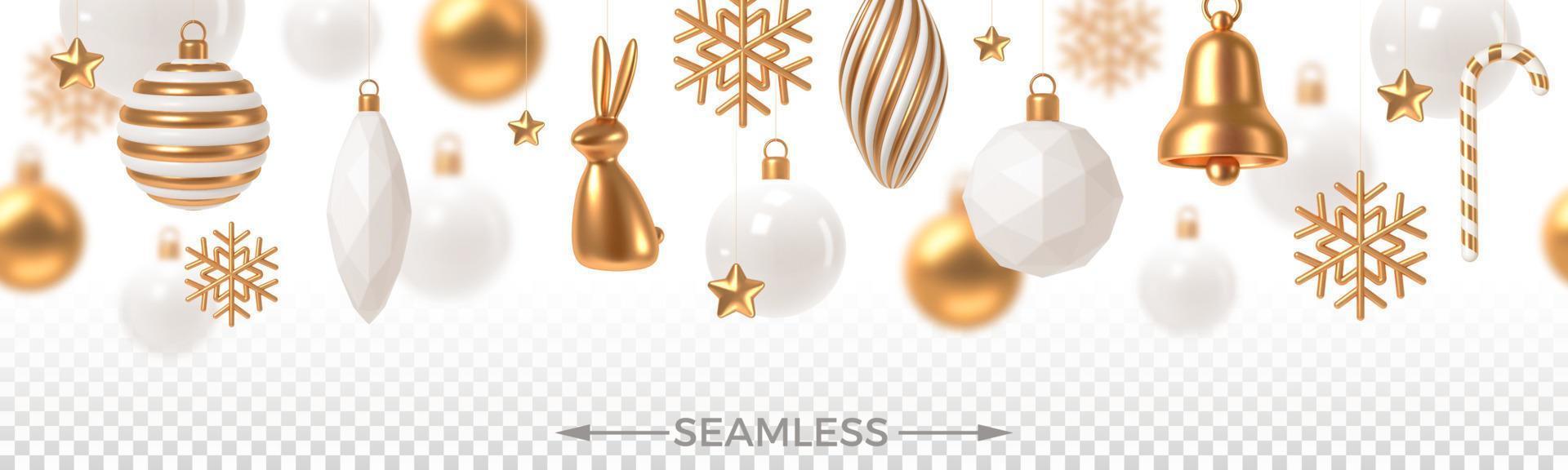 Christmas white and gold baubles and decoration. Seamless background. 3d render vector illustration.