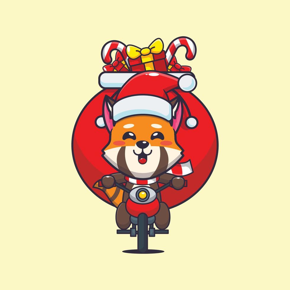 lindo panda rojo llevando regalo de navidad con motocicleta. linda ilustración de dibujos animados de navidad. vector