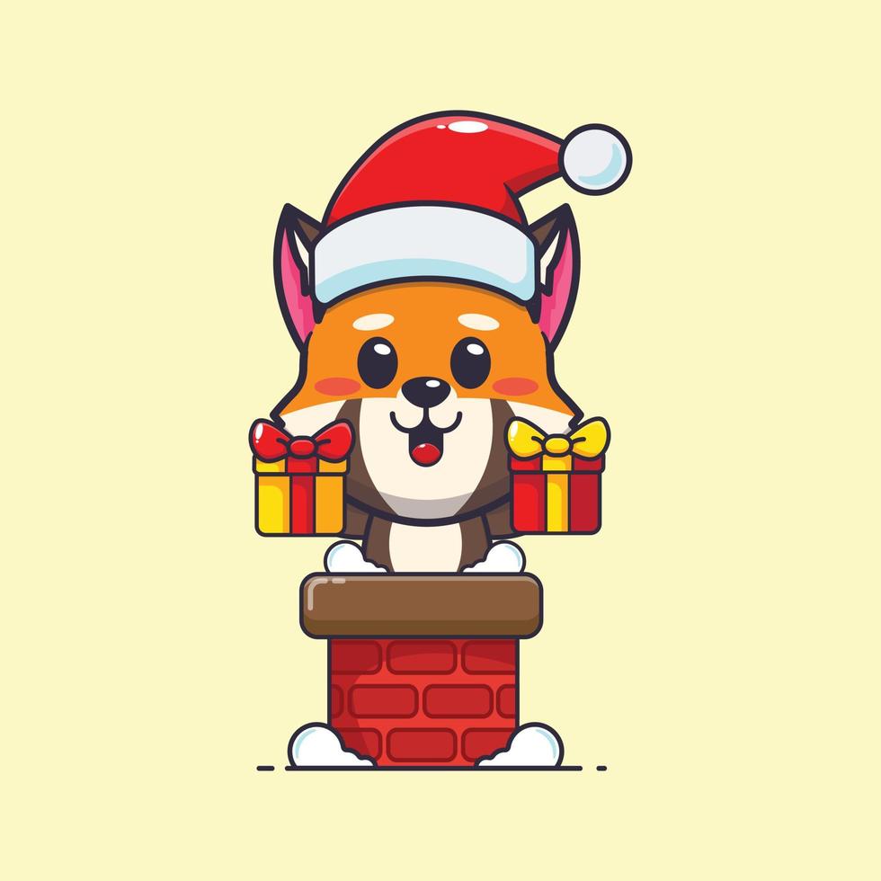 Cute red panda with santa hat in the chimney. Cute christmas cartoon illustration. vector