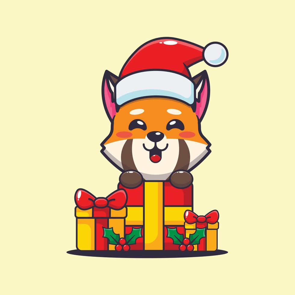 Cute red panda with christmas gift. Cute christmas cartoon illustration. vector