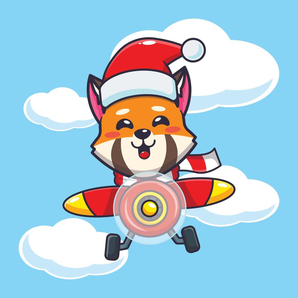 Cute red panda wearing santa hat flying with plane. Cute christmas cartoon illustration. vector