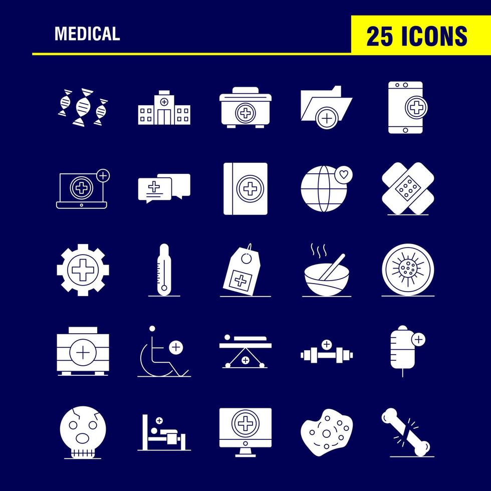 iconos de glifos sólidos médicos establecidos para infografías kit uxui móvil y diseño de impresión incluyen prueba de adn laboratorio médico edificio médico hospital más vector eps 10