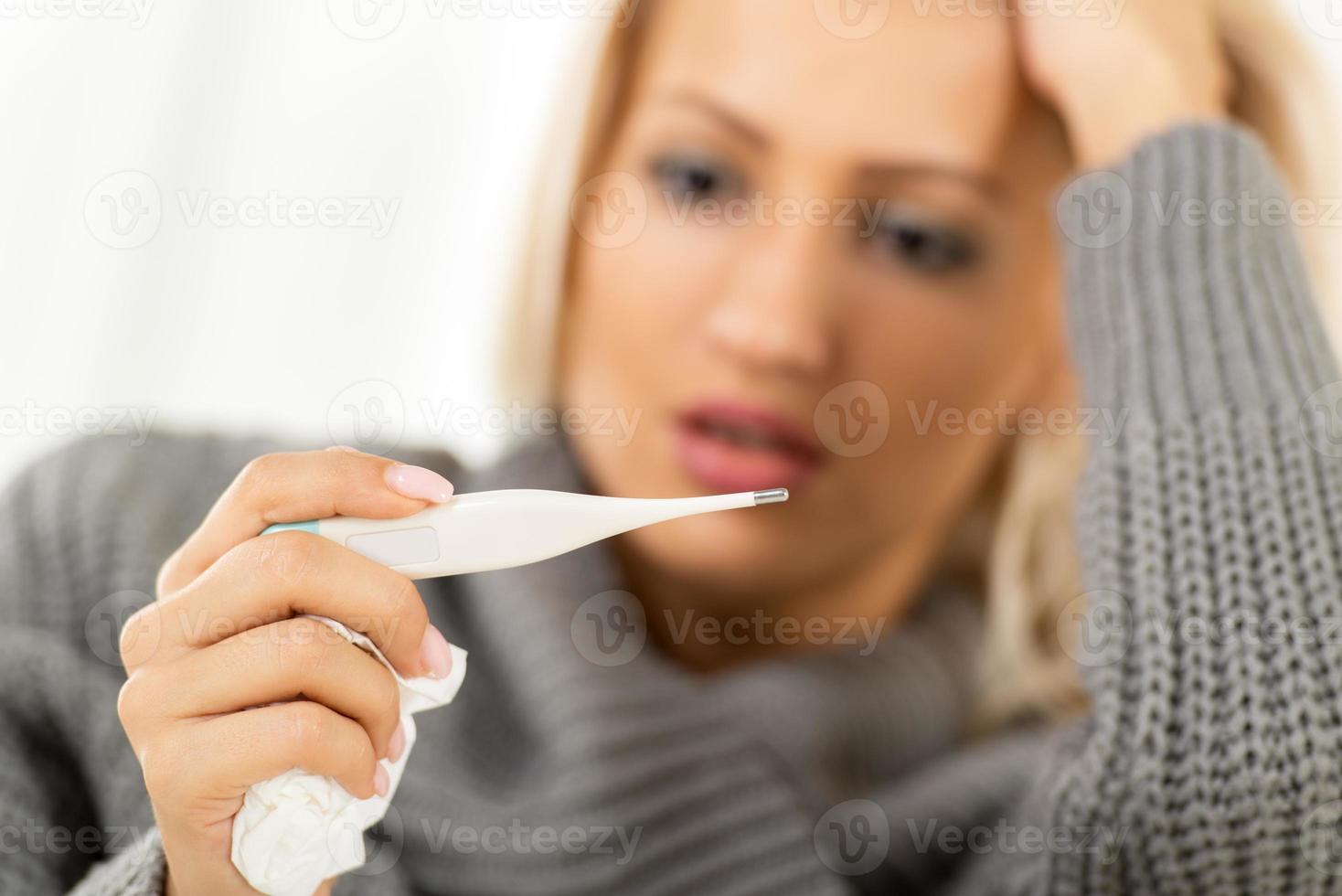 Worried Girl With Digital Thermometer 14150292 Stock Photo at Vecteezy