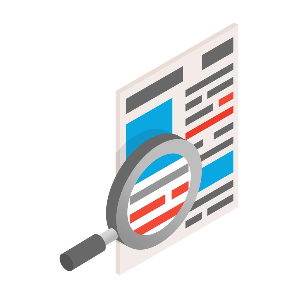 Newspaper with magnifying glass icon, isometric 3d vector