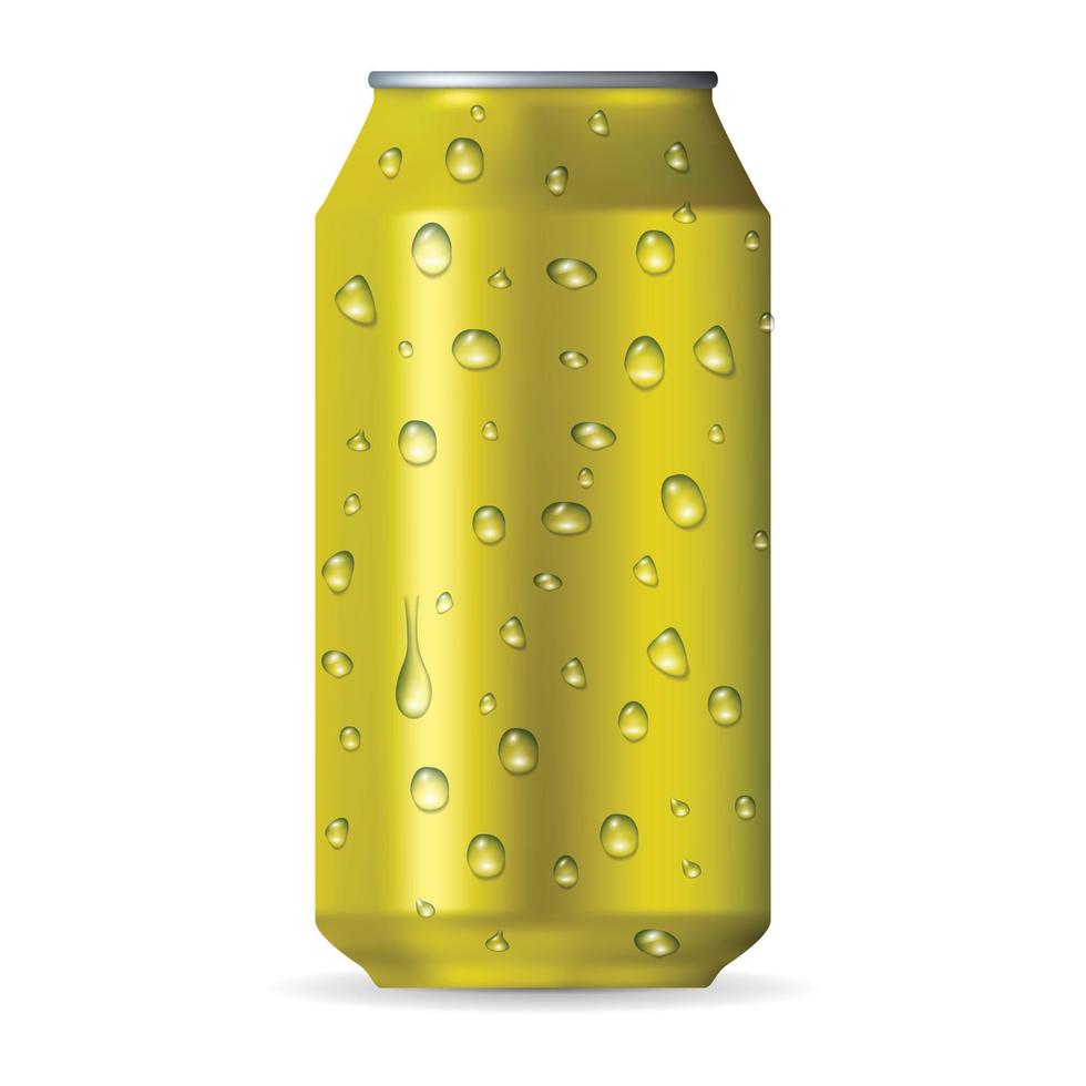 Realistic yellow aluminum can with drops vector