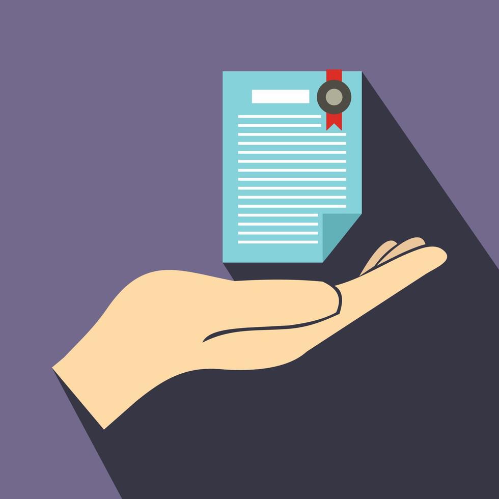 Hand holds insurance certificate icon, flat style vector