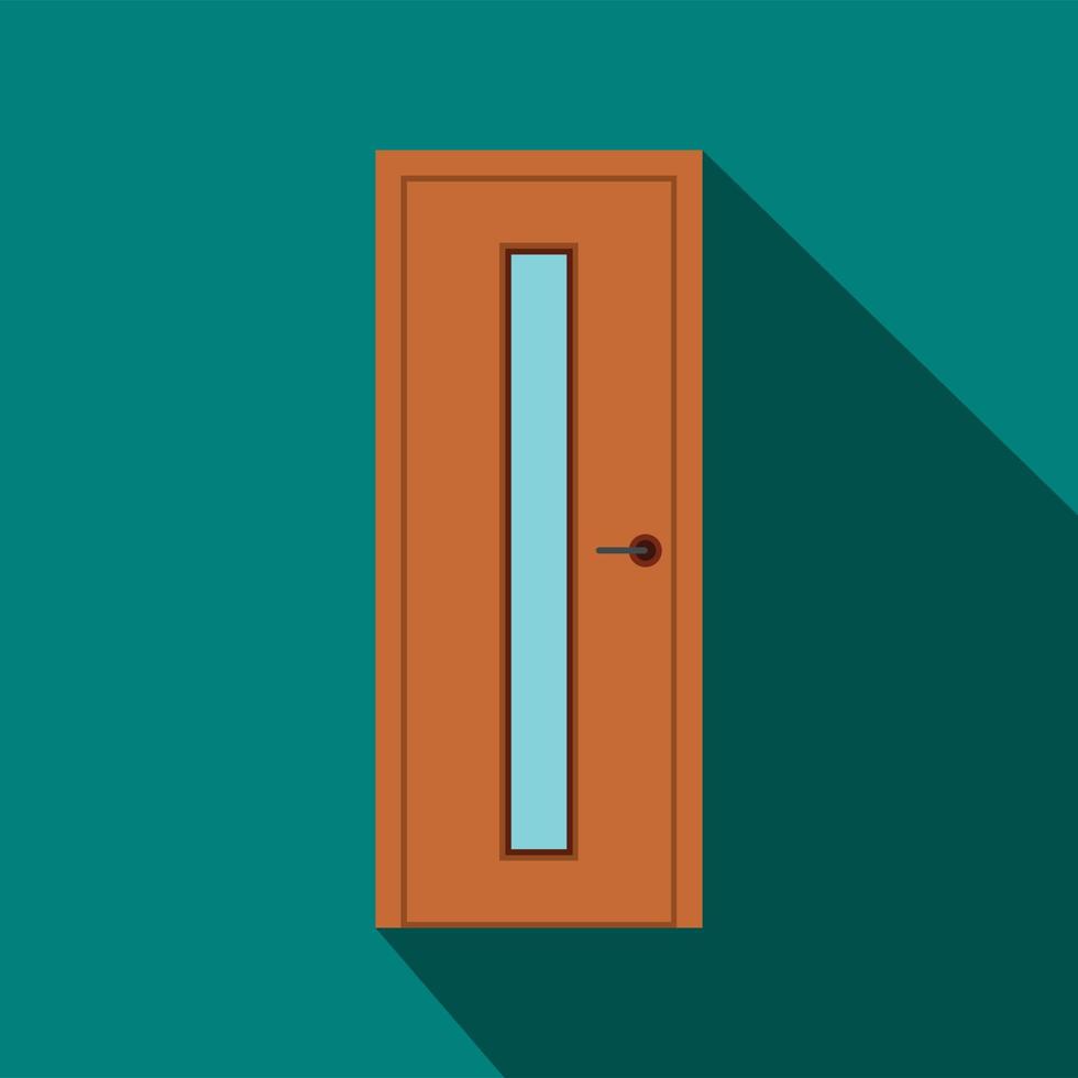 Brown door with narrow glass icon, flat style vector