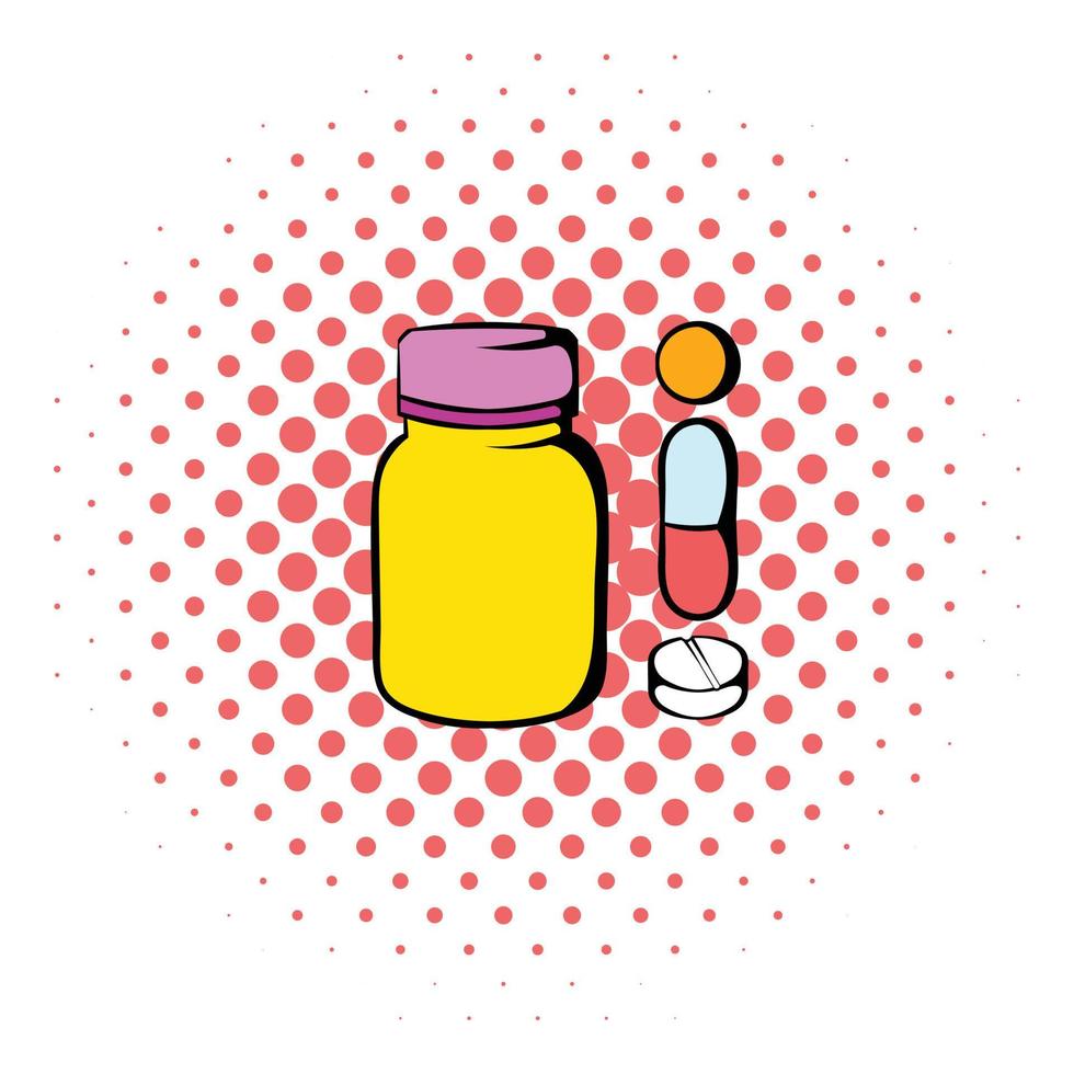 Pills in a bottle icon, comics style vector