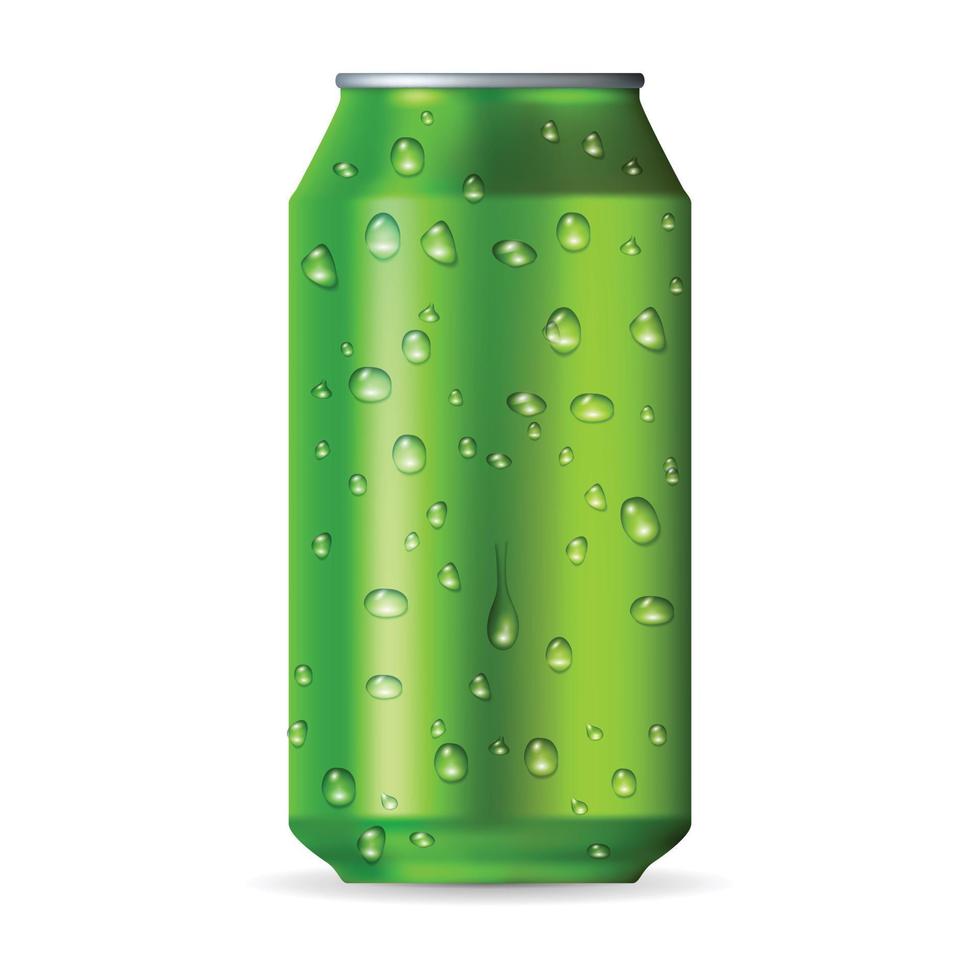 Realistic green aluminum can with drops vector