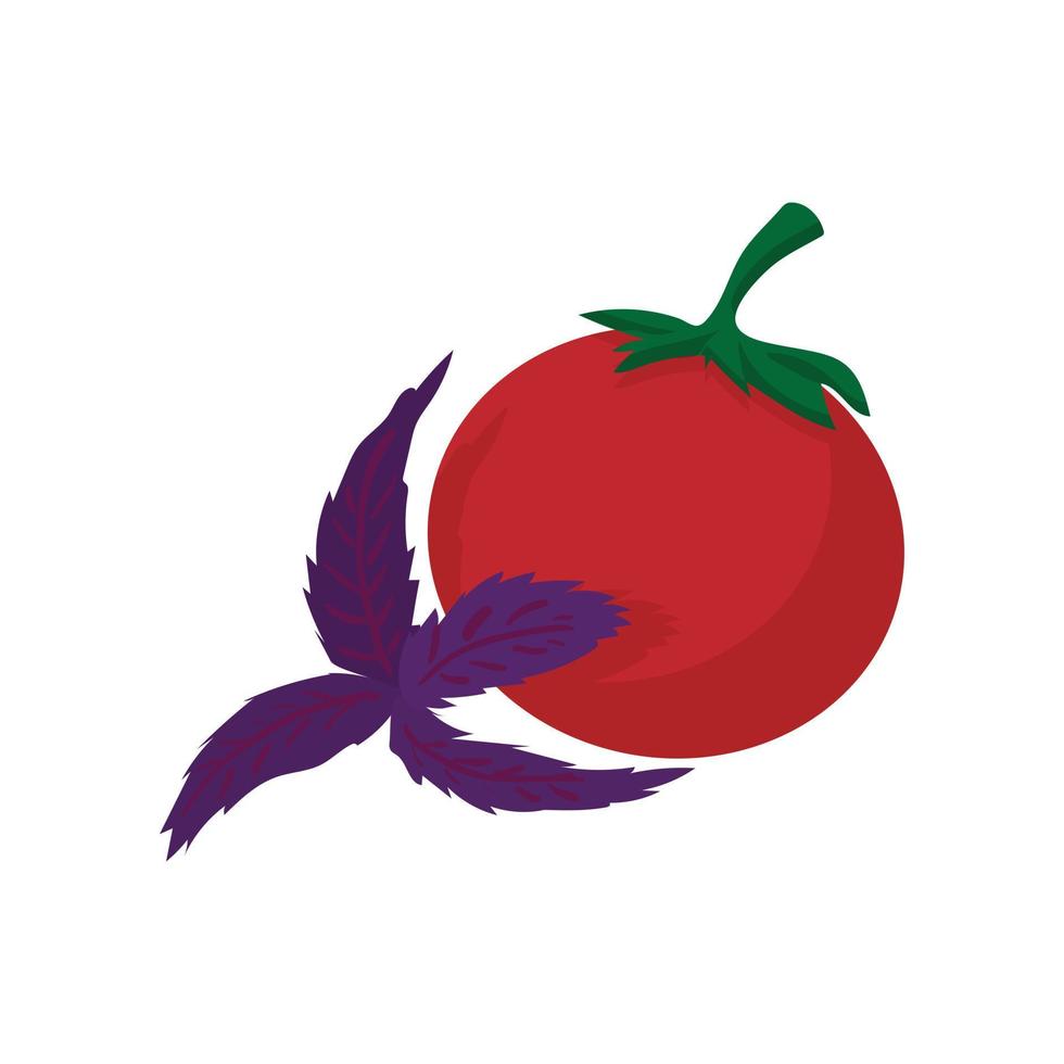 Tomato and basil icon, cartoon style vector