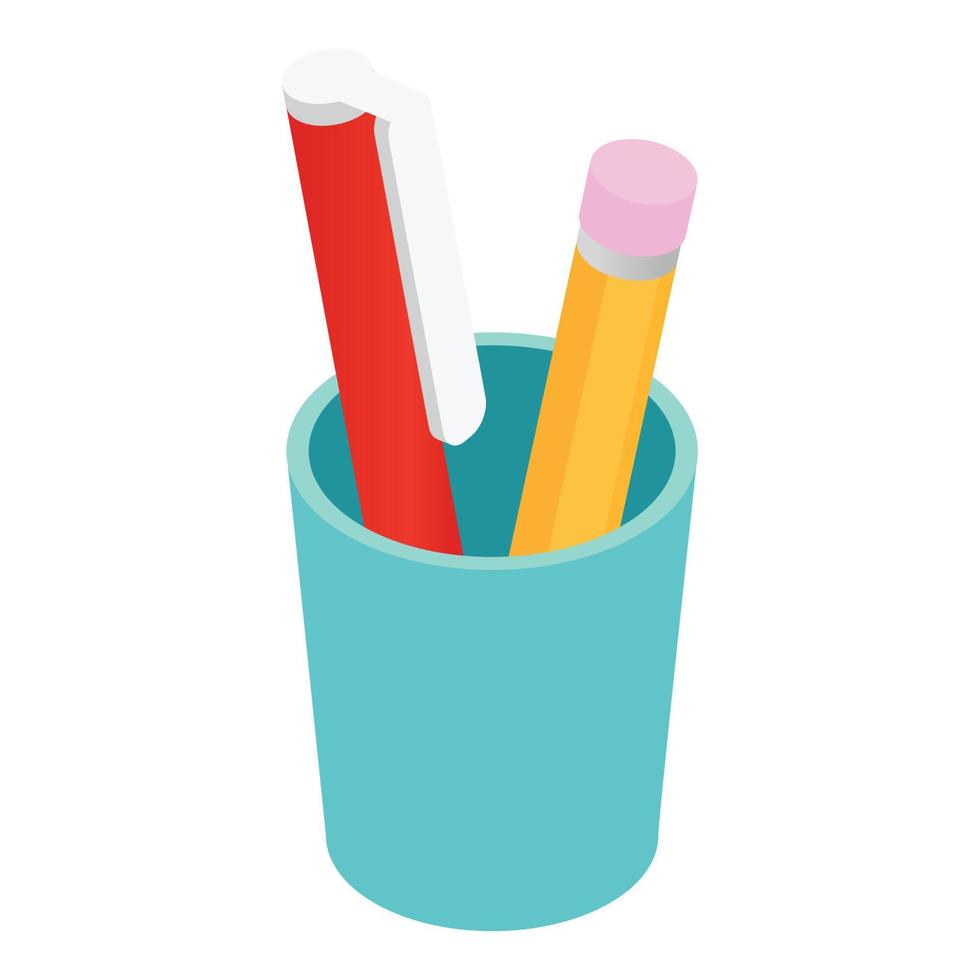 Pen pencil in cup isometric 3d vector