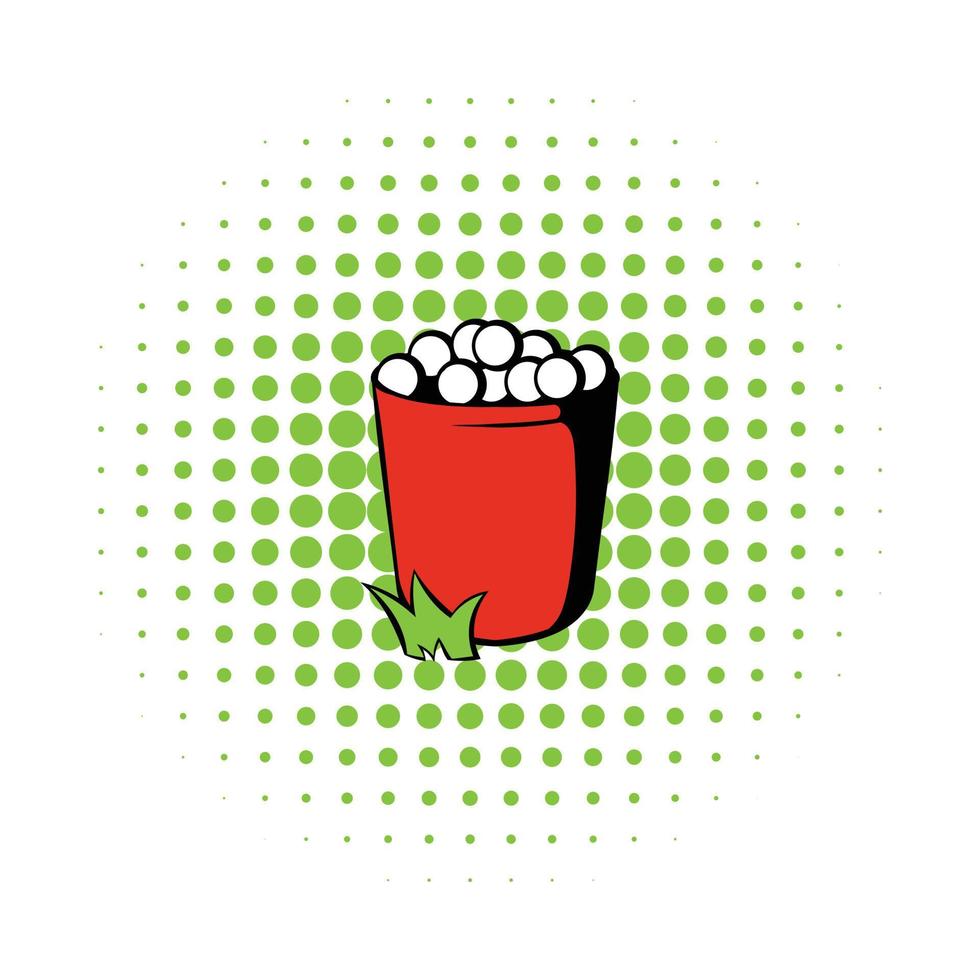 Red basket with golf balls icon, comics style vector