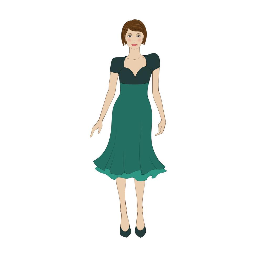 mujer en elegante vestido verde icono plano vector