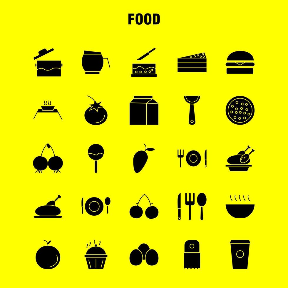 los iconos de glifo sólido de alimentos establecidos para infografías kit uxui móvil y diseño de impresión incluyen especias, chile, pimiento picante, pastel, comida dulce, comida, colección, moderno, infografía, logotipo, y, pictogram, vector