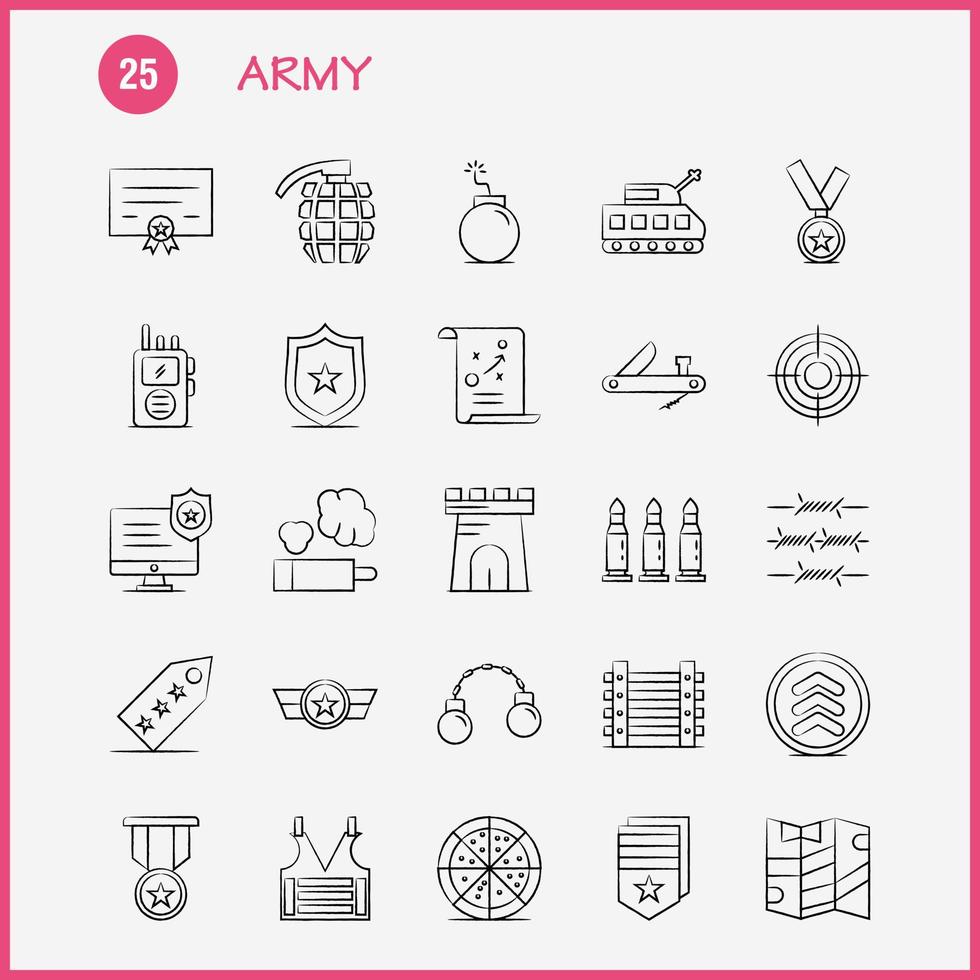 Army Hand Drawn Icons Set For Infographics Mobile UXUI Kit And Print Design Include Monitor Badge Enforcement Law Army Barbed Wire French Icon Set Vector