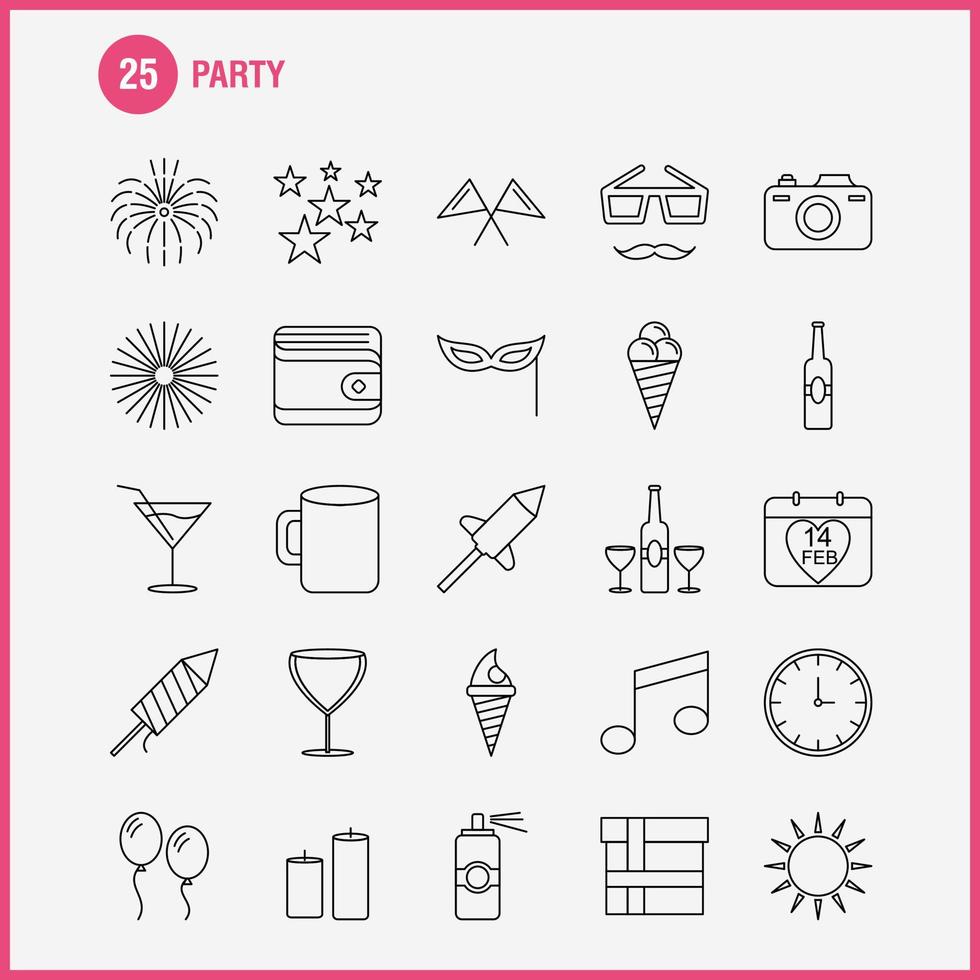 icono de línea de fiesta para impresión web y kit de uxui móvil como calendario cumpleaños fecha año jugo bebida vidrio fiesta pictograma paquete vector